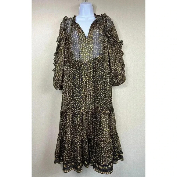 Ulla Johnson Fantine Midi Ruffle Dress Silk Blend Womens Size 0 Floral - Picture 2 of 14